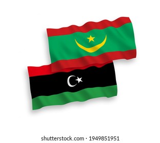 Banderas de olas de tela vectorial nacional de la República Islámica de Mauritania y Libia aisladas en fondo blanco. de 1 a 2.