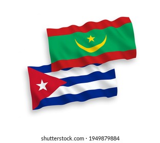 National vector fabric wave flags of Islamic Republic of Mauritania and Cuba isolated on white background. 1 to 2 proportion.