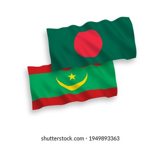National vector fabric wave flags of Islamic Republic of Mauritania and Bangladesh isolated on white background. 1 to 2 proportion.