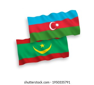 National vector fabric wave flags of Islamic Republic of Mauritania and Azerbaijan isolated on white background. 1 to 2 proportion.