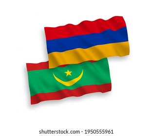 National vector fabric wave flags of Islamic Republic of Mauritania and Armenia isolated on white background. 1 to 2 proportion.