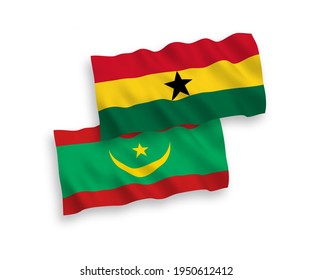 National vector fabric wave flags of Islamic Republic of Mauritania and Ghana isolated on white background. 1 to 2 proportion.