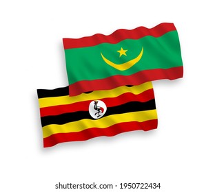 Banderas de olas de tela vectorial nacional de la República Islámica de Mauritania y Uganda aisladas en fondo blanco. de 1 a 2.