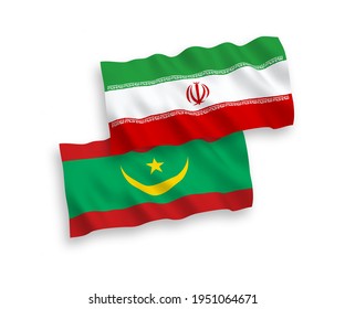 National vector fabric wave flags of Islamic Republic of Mauritania and Iran isolated on white background. 1 to 2 proportion.
