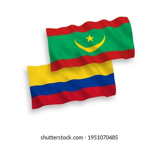 National vector fabric wave flags of Islamic Republic of Mauritania and Colombia isolated on white background. 1 to 2 proportion.