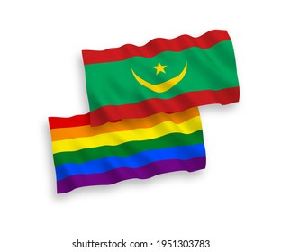 National vector fabric wave flags of Islamic Republic of Mauritania and Rainbow gay pride isolated on white background. 1 to 2 proportion.