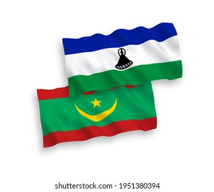 Nationale Vektor-Wellen-Flaggen der Islamischen Republik Mauretanien und Lesotho einzeln auf weißem Hintergrund. 1 bis 2 %.