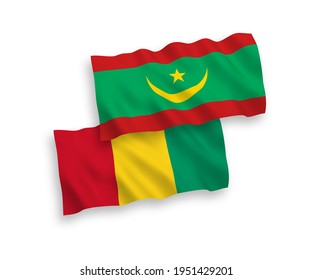 National vector fabric wave flags of Islamic Republic of Mauritania and Guinea isolated on white background. 1 to 2 proportion.