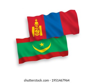 National vector fabric wave flags of Islamic Republic of Mauritania and Mongolia isolated on white background. 1 to 2 proportion.