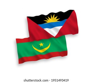 National vector fabric wave flags of Islamic Republic of Mauritania and Antigua and Barbuda isolated on white background. 1 to 2 proportion.