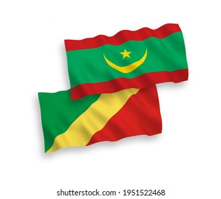 National vector fabric wave flags of Islamic Republic of Mauritania and Republic of the Congo isolated on white background. 1 to 2 proportion.