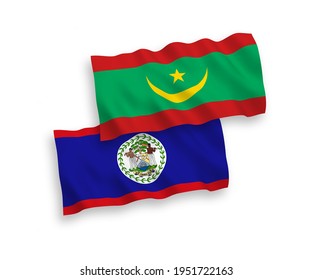 National vector fabric wave flags of Islamic Republic of Mauritania and Belize isolated on white background. 1 to 2 proportion.