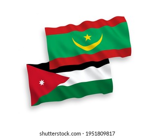 National vector fabric wave flags of Islamic Republic of Mauritania and Hashemite Kingdom of Jordan isolated on white background. 1 to 2 proportion.