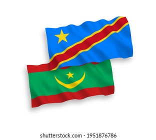National vector fabric wave flags of Islamic Republic of Mauritania and Democratic Republic of the Congo isolated on white background. 1 to 2 proportion.