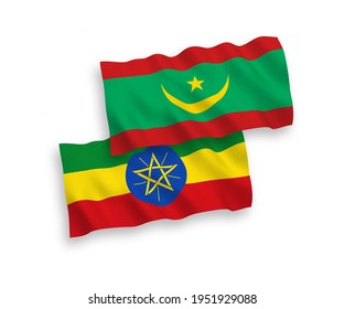 National vector fabric wave flags of Islamic Republic of Mauritania and Ethiopia isolated on white background. 1 to 2 proportion.