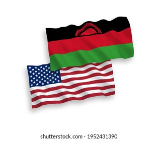 National vector fabric wave flags of Malawi and USA isolated on white background. 1 to 2 proportion.