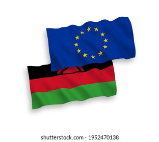Banderas de olas de tela vectorial nacional de la Unión Europea y Malawi aisladas en fondo blanco. de 1 a 2.