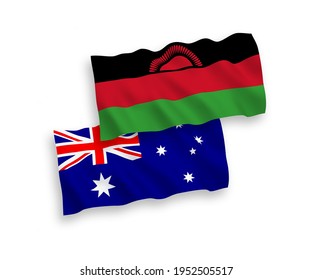 National vector fabric wave flags of Australia and Malawi isolated on white background. 1 to 2 proportion.