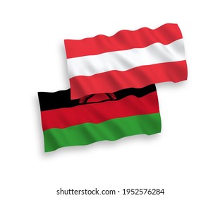 National vector fabric wave flags of Austria and Malawi isolated on white background. 1 to 2 proportion.