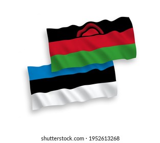 National vector fabric wave flags of Estonia and Malawi isolated on white background. 1 to 2 proportion.