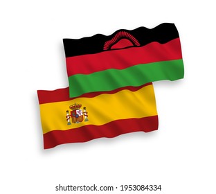 National vector fabric wave flags of Malawi and Spain isolated on white background. 1 to 2 proportion.