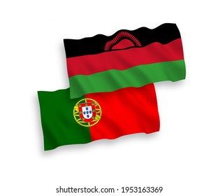 National vector fabric wave flags of Portugal and Malawi isolated on white background. 1 to 2 proportion.