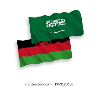National vector fabric wave flags of Saudi Arabia and Malawi isolated on white background. 1 to 2 proportion.