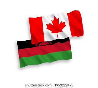 National vector fabric wave flags of Canada and Malawi isolated on white background. 1 to 2 proportion.