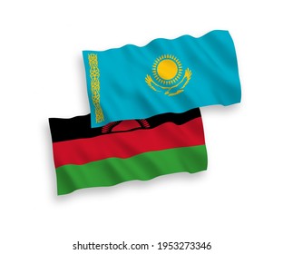 National vector fabric wave flags of Kazakhstan and Malawi isolated on white background. 1 to 2 proportion.