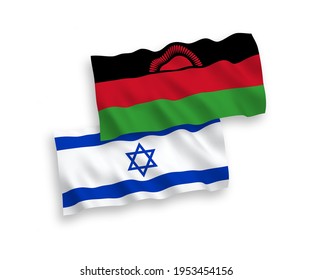 Banderas de olas de tela vectorial nacional de Malawi e Israel aisladas en fondo blanco. de 1 a 2.
