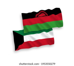 National vector fabric wave flags of Malawi and Kuwait isolated on white background. 1 to 2 proportion.