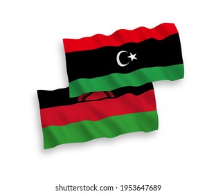 National vector fabric wave flags of Malawi and Libya isolated on white background. 1 to 2 proportion.