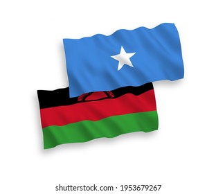 National vector fabric wave flags of Malawi and Somalia isolated on white background. 1 to 2 proportion.