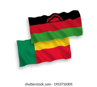 National vector fabric wave flags of Malawi and Benin isolated on white background. 1 to 2 proportion.