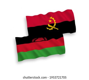 Banderas de olas de tela vectorial nacional de Malawi y Angola aisladas en fondo blanco. de 1 a 2.