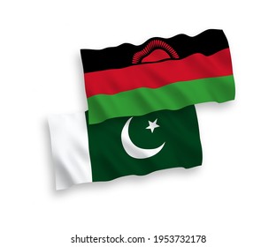 Banderas de olas de tela vectorial nacional de Malawi y Pakistán aisladas en fondo blanco. de 1 a 2.