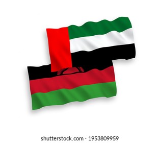 National vector fabric wave flags of Malawi and United Arab Emirates isolated on white background. 1 to 2 proportion.