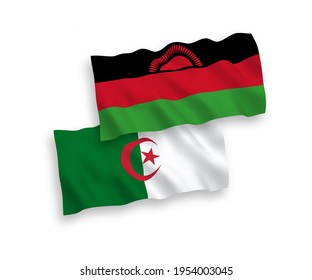National vector fabric wave flags of Malawi and Algeria isolated on white background. 1 to 2 proportion.