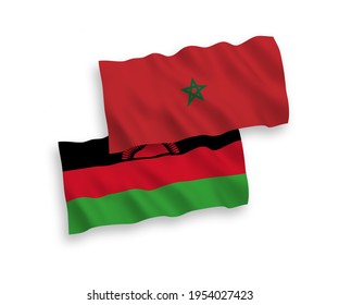 National vector fabric wave flags of Malawi and Morocco isolated on white background. 1 to 2 proportion.