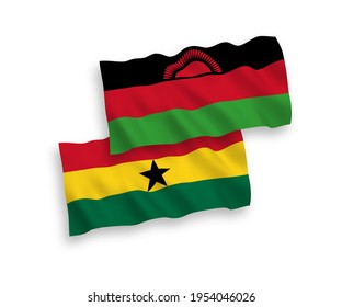 National vector fabric wave flags of Malawi and Ghana isolated on white background. 1 to 2 proportion.