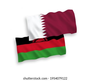 National vector fabric wave flags of Malawi and Qatar isolated on white background. 1 to 2 proportion.