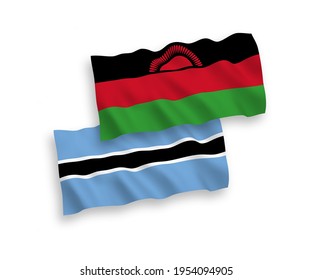 National vector fabric wave flags of Malawi and Botswana isolated on white background. 1 to 2 proportion.