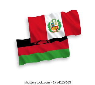 Nationale Vektor-Wellen-Flaggen von Malawi und Peru einzeln auf weißem Hintergrund. 1 bis 2 %.