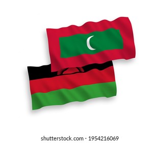 National vector fabric wave flags of Malawi and Maldives isolated on white background. 1 to 2 proportion.