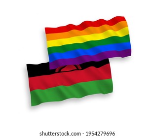 Banderas de tejido vectorial nacional ondean banderas de Malawi y orgullo gay arcoiris aislados en fondo blanco. de 1 a 2.