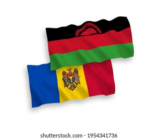 National vector fabric wave flags of Malawi and Moldova isolated on white background. 1 to 2 proportion.