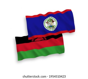 National vector fabric wave flags of Malawi and Belize isolated on white background. 1 to 2 proportion.