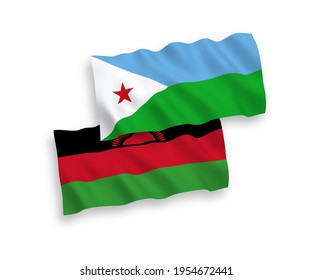 National vector fabric wave flags of Malawi and Republic of Djibouti isolated on white background. 1 to 2 proportion.