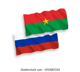 National vector fabric wave flags of Burkina Faso and Russia isolated on white background. 1 to 2 proportion.