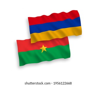 National vector fabric wave flags of Burkina Faso and Armenia isolated on white background. 1 to 2 proportion.